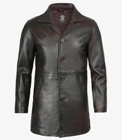 Dark brown leather coat with a sleek design, featuring four buttons and a classic collar. The texture is smooth, conveying a stylish, elegant tone.