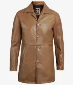 Brown leather jacket with a classic button-up design, featuring a wide collar and long sleeves. The jacket's texture appears smooth and slightly glossy.