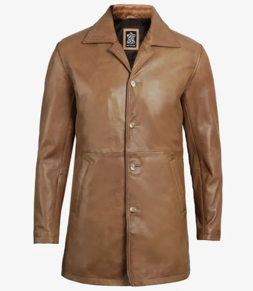 Brown leather jacket with a classic button-up design, featuring a wide collar and long sleeves. The jacket's texture appears smooth and slightly glossy.