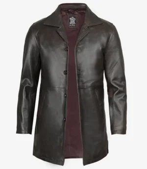 Dark brown leather jacket with a classic design, buttoned front, and deep burgundy lining. The material appears smooth, conveying a stylish and sophisticated tone.