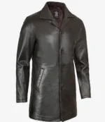 Dark brown leather coat with a mid-length design, featuring a collar, button closure, and side pockets. The tone conveys a classic and sleek style.