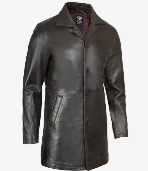 Dark brown leather coat with a mid-length design, featuring a collar, button closure, and side pockets. The tone conveys a classic and sleek style.