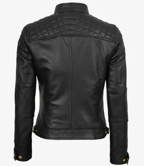 Back view of a stylish black leather jacket with quilted detailing on the shoulders and brass buttons. The sleek design conveys a modern, edgy feel.