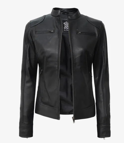 Black leather jacket with a sleek design, featuring a stand-up collar and front zipper. The front has zippered pockets and a smooth finish.