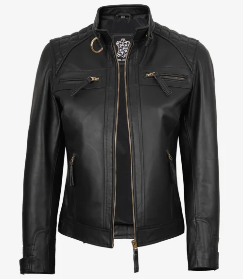Black leather jacket with a high collar and quilted shoulders. It features zippered pockets and a front zipper, exuding a sleek, edgy style.