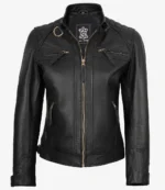 Black leather jacket with quilted shoulders, front zipper, and four zippered pockets. The collar is upright, giving a sleek, modern look.