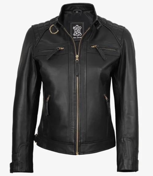 Black leather jacket with quilted shoulders, front zipper, and four zippered pockets. The collar is upright, giving a sleek, modern look.