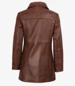 Back view of a brown leather jacket with a smooth finish, featuring a collar and seam detailing. The jacket has a classic, sophisticated look.