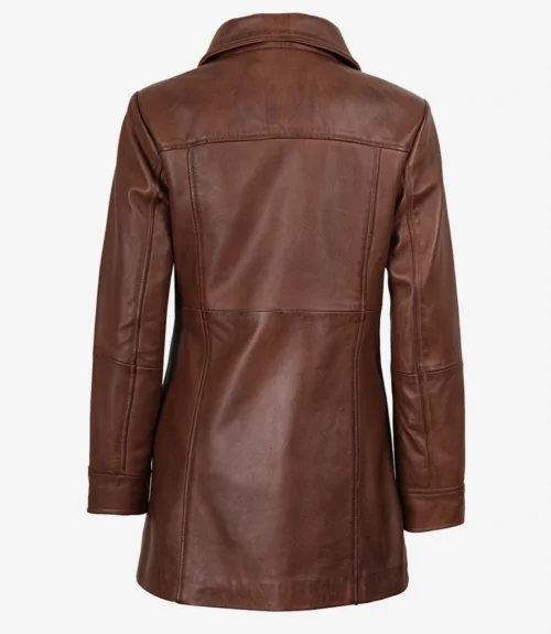 Back view of a brown leather jacket with a smooth finish, featuring a collar and seam detailing. The jacket has a classic, sophisticated look.