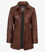 Brown leather coat with a tailored fit and large collar, featuring a row of buttons down the front. The interior is lined in black, giving a classic and stylish appearance.