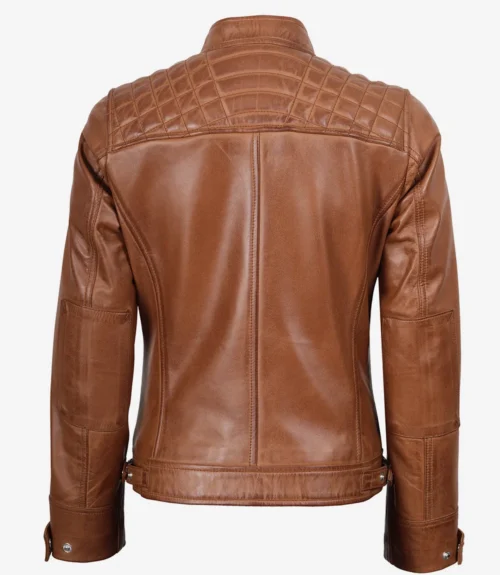 Brown leather jacket with quilted stitching on the shoulders, viewed from the back. It has a sleek, stylish design with snap-button cuffs and a high collar.