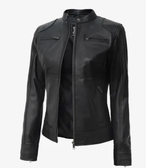 Sleek black leather jacket with a mandarin collar, front zipper partially open. Two zippered chest pockets and slanted side pockets, creating a stylish look.