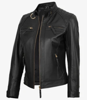 A sleek black leather jacket with quilted shoulders, featuring a front zip closure and multiple zippered pockets. The look is edgy and stylish.