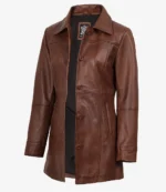 Brown leather jacket with a glossy finish, featuring a button-up front and slit pockets. The interior is black, and the style is sleek and classic.